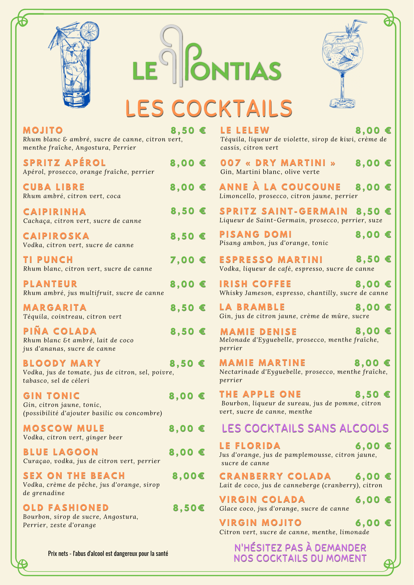 carte des cocktails